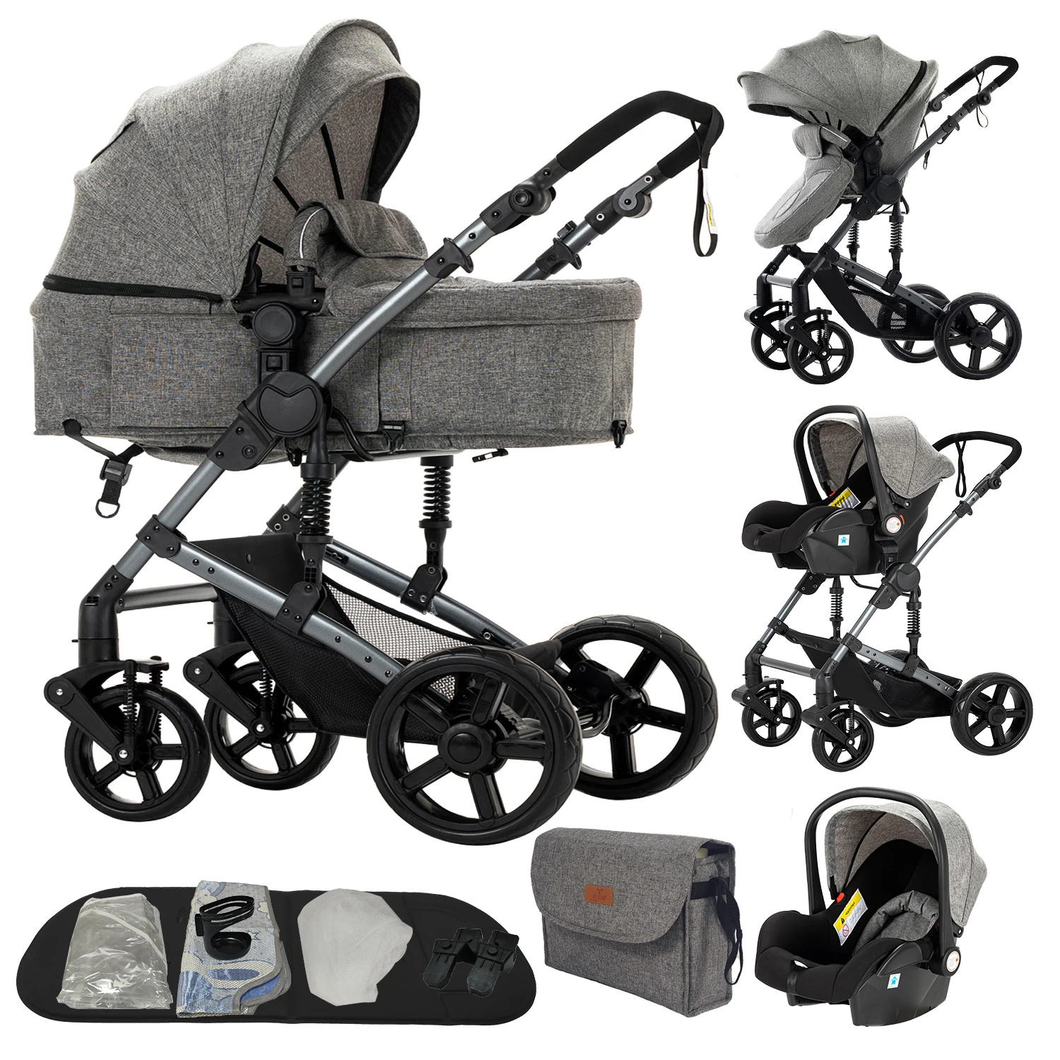 Opvouwbare 3-in-1 baby reisysteem kinderwagen met hoge zitpositie, omkeerbare wieg, kinderwagen, baby autostoeltje, multifunctioneel, lichtgewicht kinderwagen, geschikt voor alle terreinen, EVA