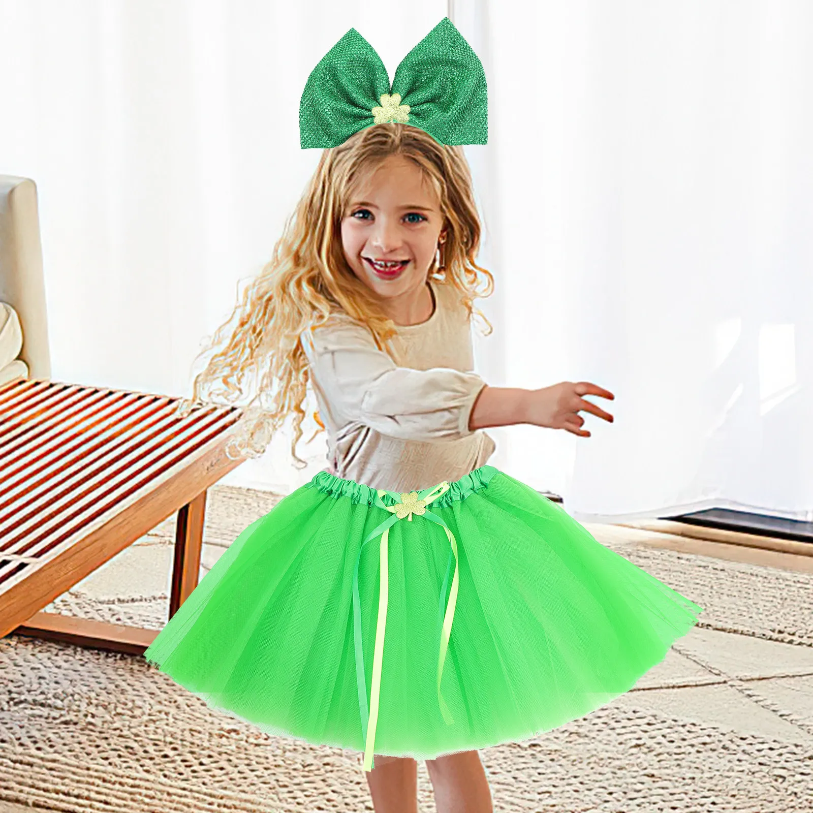 

Комплект костюма на День Святого Патрика: детская юбка-пачка, повязка на голову с бантом, легкие аксессуары для вечеринок и косплея, для девочек, для фотосессий