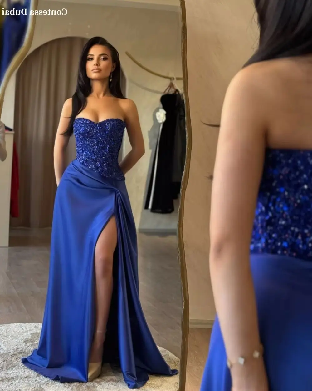 

Contessa Dubai customized Royal Blue Strapless prom party dress Side Slit Glitter vestidos de noche Floor-Length Formal Evening