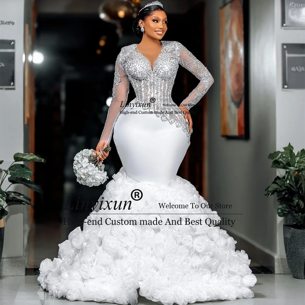 

Luxury Crystal Wedding Dresses 2025 Long Sleeves Mermaid Bridal Gowns for Bride Bodycon Customized Tulle Pleats robe de mariée