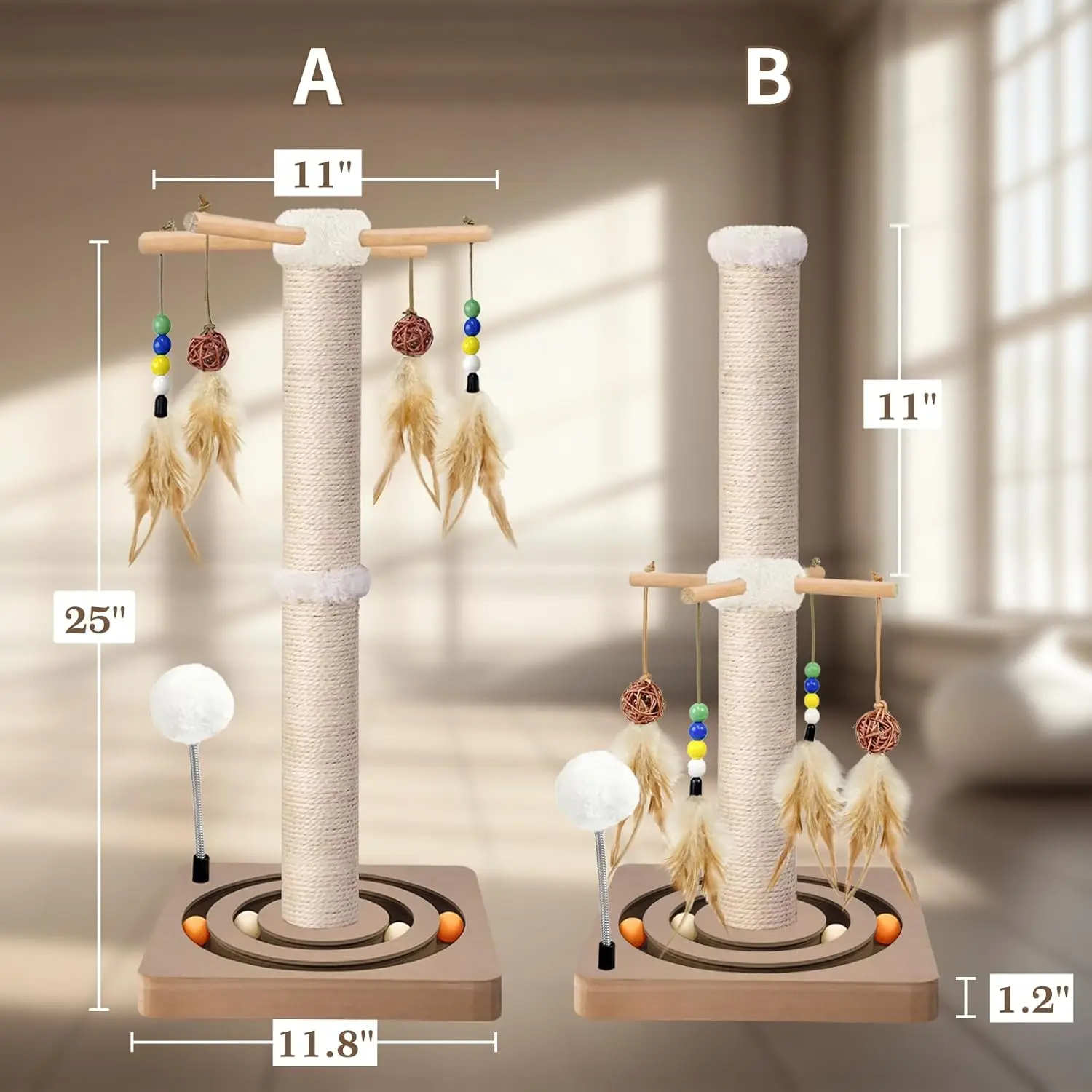 عمود خدش للقطط 25 بوصة - سيزال، مركز أنشطة مع مسار كروي ولعبة تعليق - خياران للتركيب - للقطط والقطط