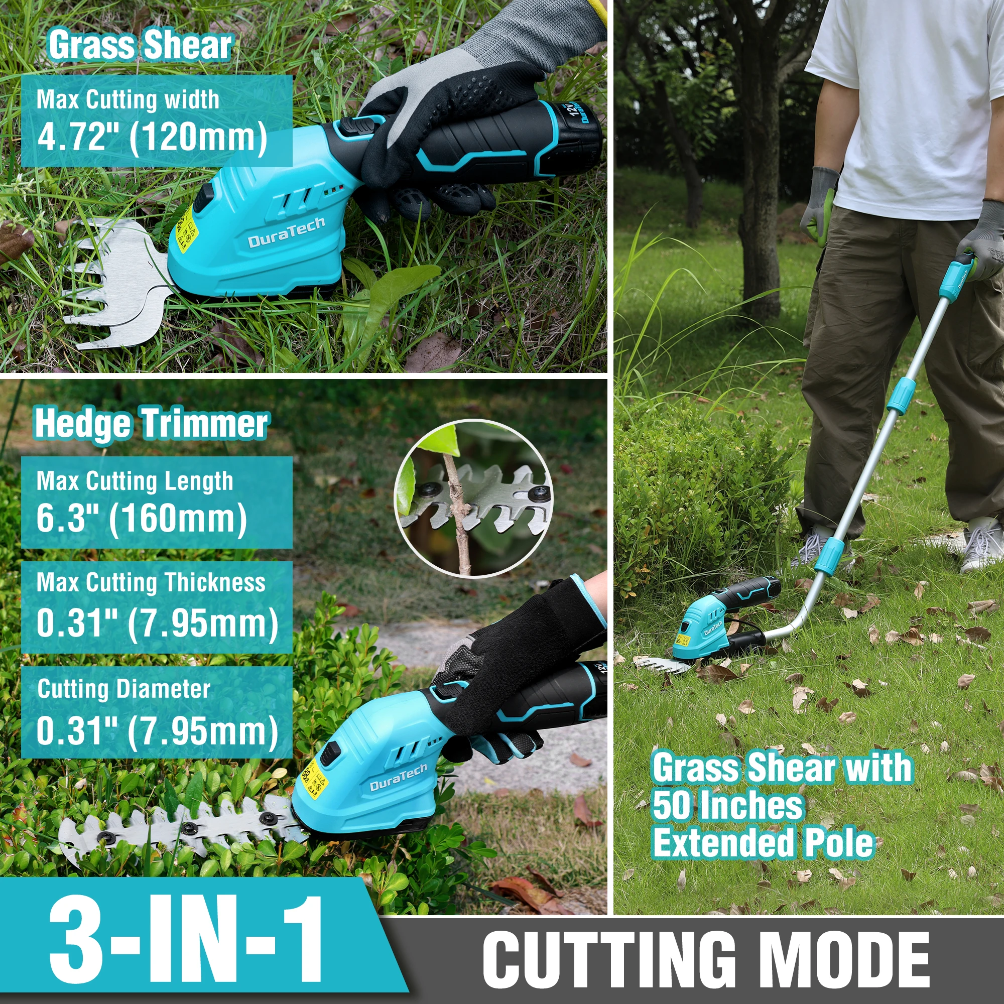 DURATECH 12V 2-in-1 Cordless Grass Shear &Shrubbery Trimmer with Wheeled Extension Pole Rechargeable VDE plug Garden Tool