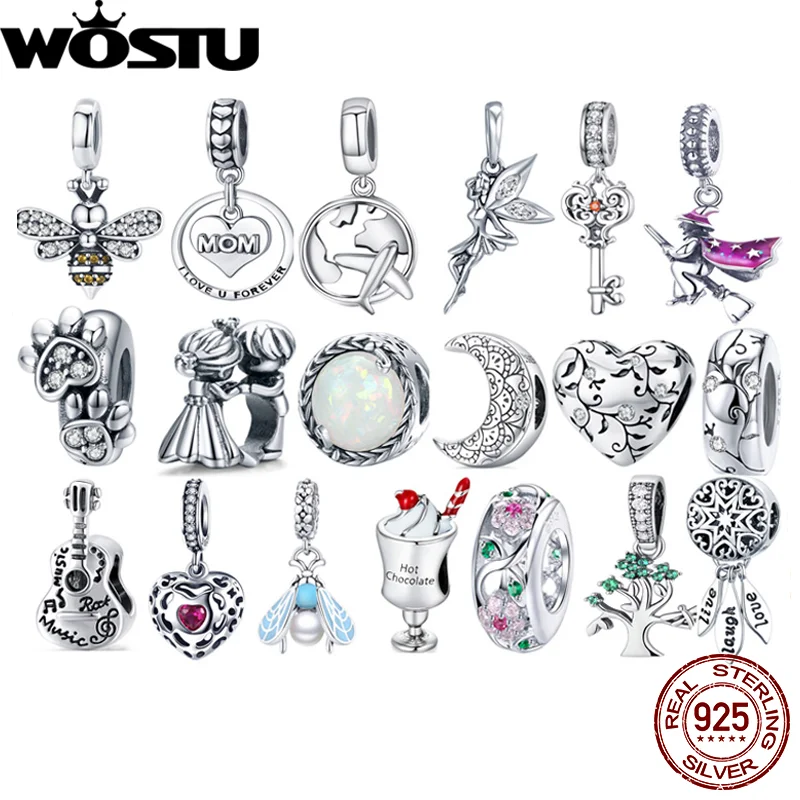 WOSTU Genuine 925 Sterling Silver Lucky Charm Zircon Bee Family Beads Pendant Fit Original Bracelet Necklace DIY Fine Jewelry