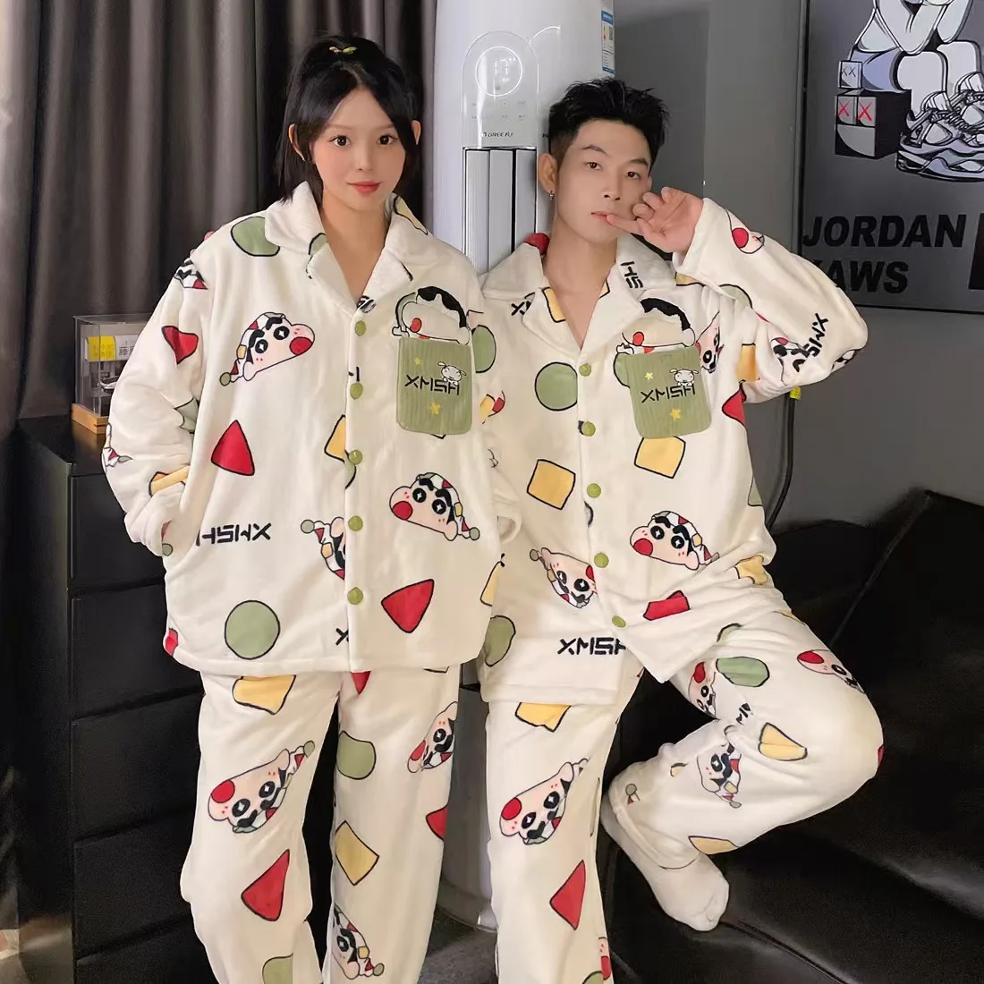 Anime Crayon Shin-Chan Paar Pyjama Set Mannen Vrouw Mode Toevallige Pyjama Dikker Warme Tops Broek Cartoon Flanel thuis Kleding