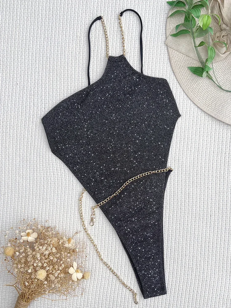 Glitter Sparkling High Leg Cut One Shoulder Women Swimwear One Piece Swimsuit Female Backless Monokini Bather Bathing Suit Swim