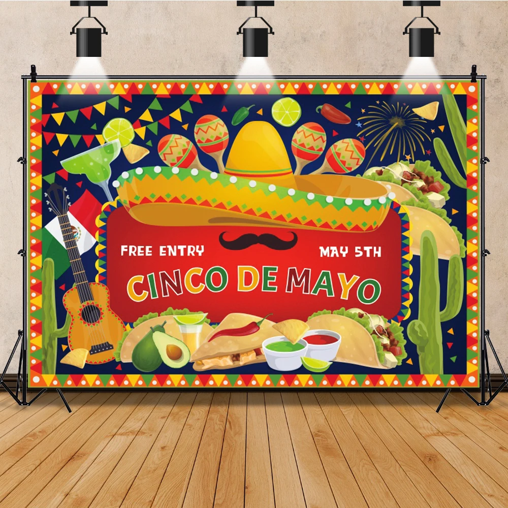 Cinco De Mayo Photography Backdrop Guitar Cactus Straw Hat Colorful Flags Mexican Themed Fiesta Party Background