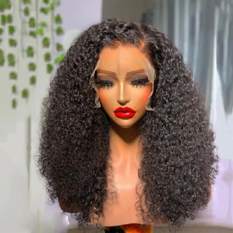 Long 26Inch 180%Density Black Preplucked Glueless Kinky Curly Lace Front Wig For Black Women BabyHair Natural Hairline Daily