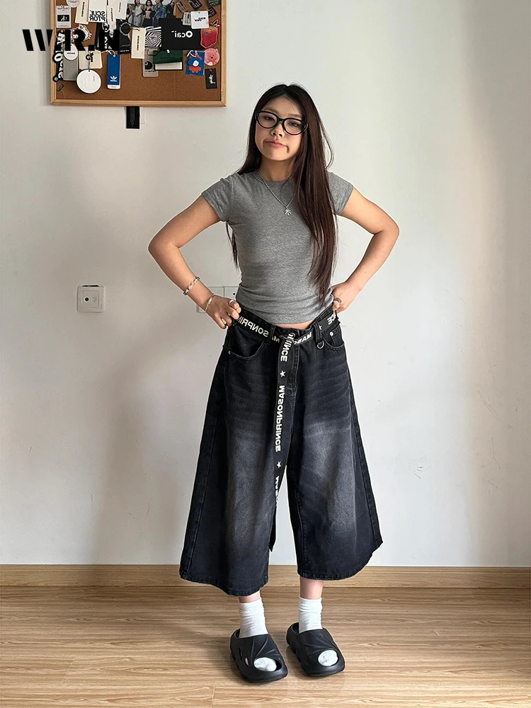 2024 Summer women's Casual Style Harajuku Mid Long Jeans pantaloni lavati larghi estetici Vintage Y2K pantaloncini larghi Punk a gamba larga