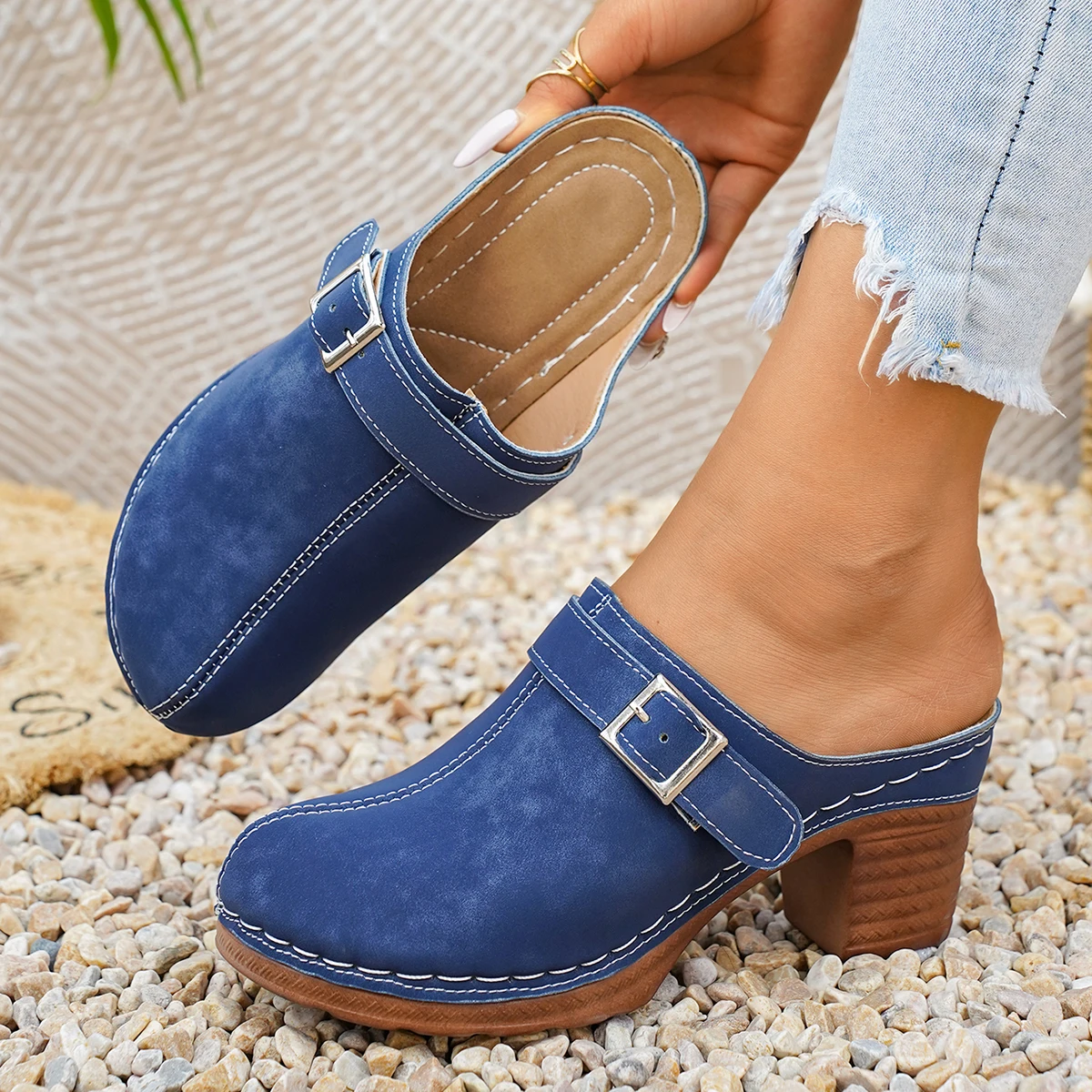Damen Mules Pantoletten mit hohem Blockabsatz, geschlossene Zehenpartie, zum Hineinschlüpfen, Vintage, Sommer, lässig, bequeme Gehschuhe – Detail 10