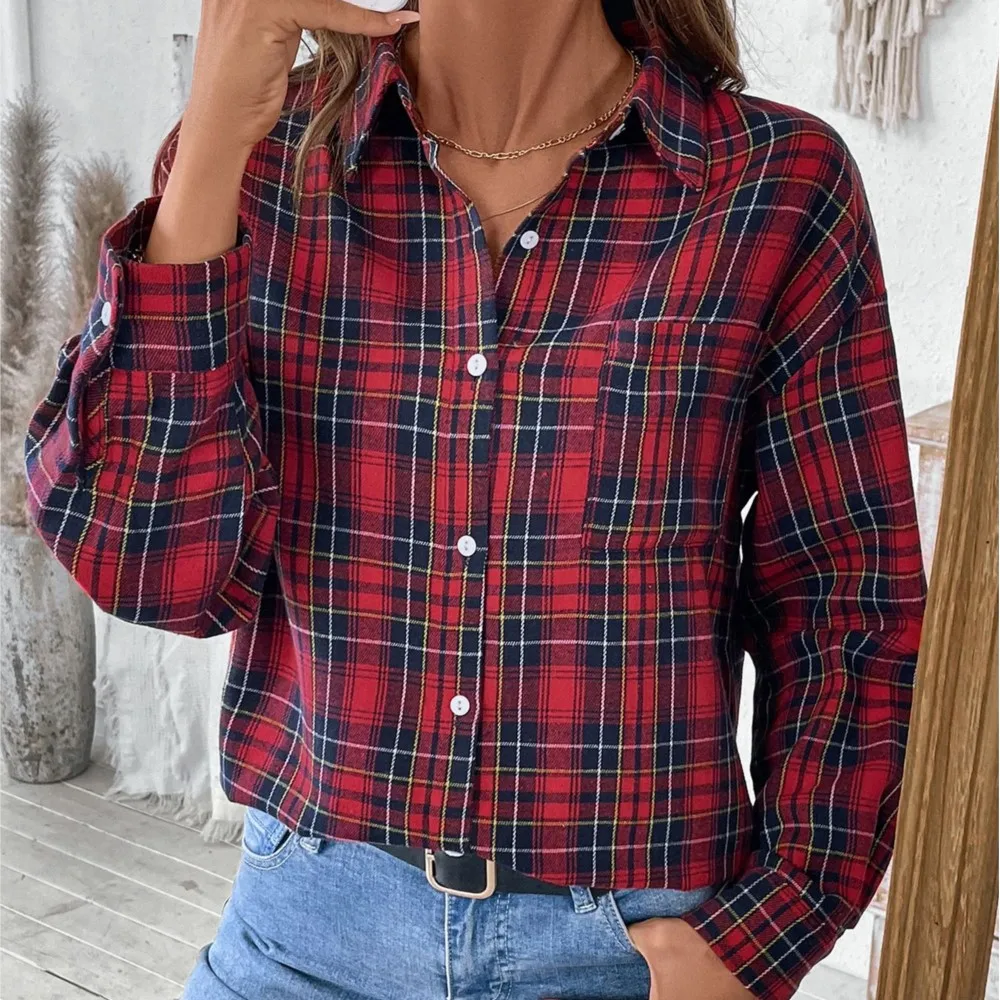 Women's Clothing Retro Trendy Lapel Long Sleeve Tops Plaid Shirt All-match Loose Simple Style Buttons Comfortable Commuting Hot