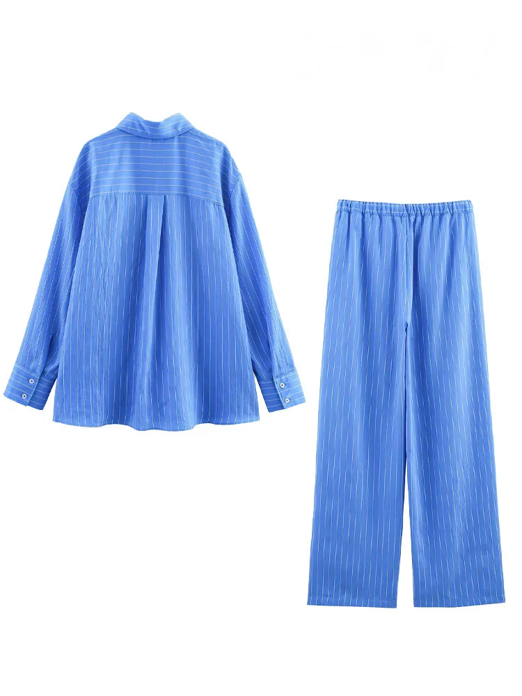 HH レディース ストライプ柄パンツスーツ ファッション ラペル 長袖 ポケット付き シングルブレストブラウス+サマーパジャマ風 ドローストリングパンツ