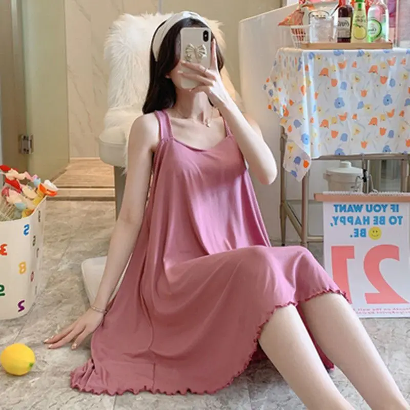 Women Cute Nightgown Pajamas Milk Silk Solid Color Sleepwear V Neck Lingerie Sexy Spaghetti Strap Nightwear Girls Homewear Dress