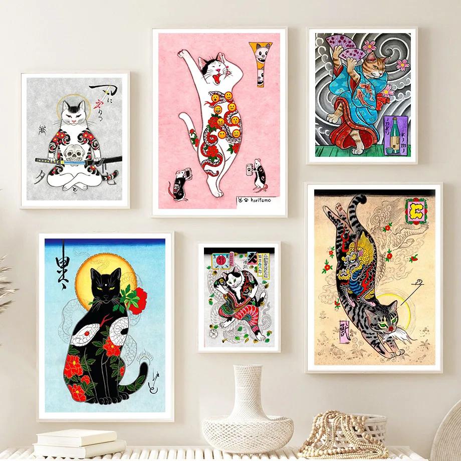 Japanese Samurai Cat Wall Art Ukiyo-e Tattoo Cat Canvas Print Traditional Japanese Yakuza Cat Posters Modern Asian Art Bar Decor