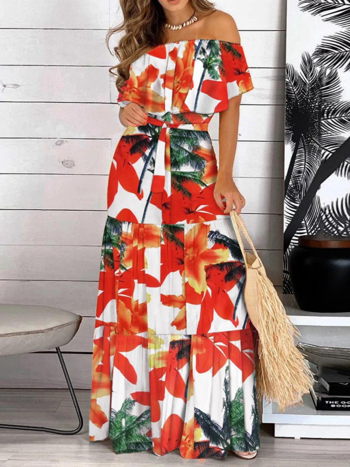 Women's Ruffle Lace up Printed Dr mid Waist ort Sve Street Sle Floral  Skirt Single Piece Summer Faion