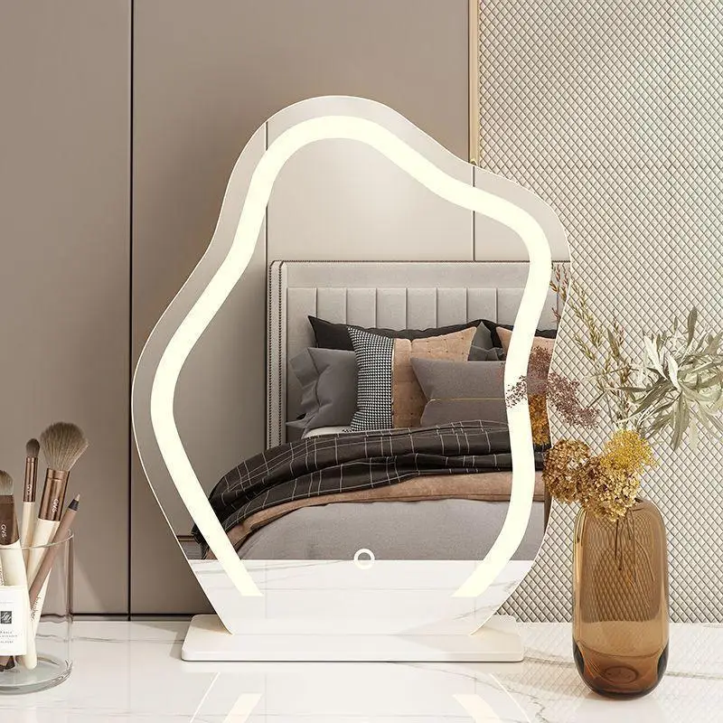 Cloud Shaped Desktop Vanity Mirror with LED Wave Light Aesthetic Smart Makeup Mirror for Home Dressing Table