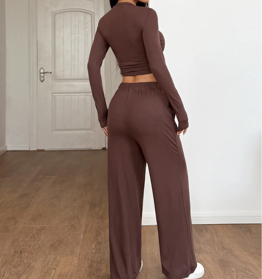 2026 봄/여름 요가 스포츠 스타일 슬림핏 허리 높은 탄력성 긴 소매 와이드 레그 팬츠 세트 여성용