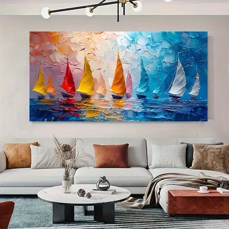 Modern nautical colorful seascape canvas wall painting abstract sailboat oil painting for living room home decoration, no frame