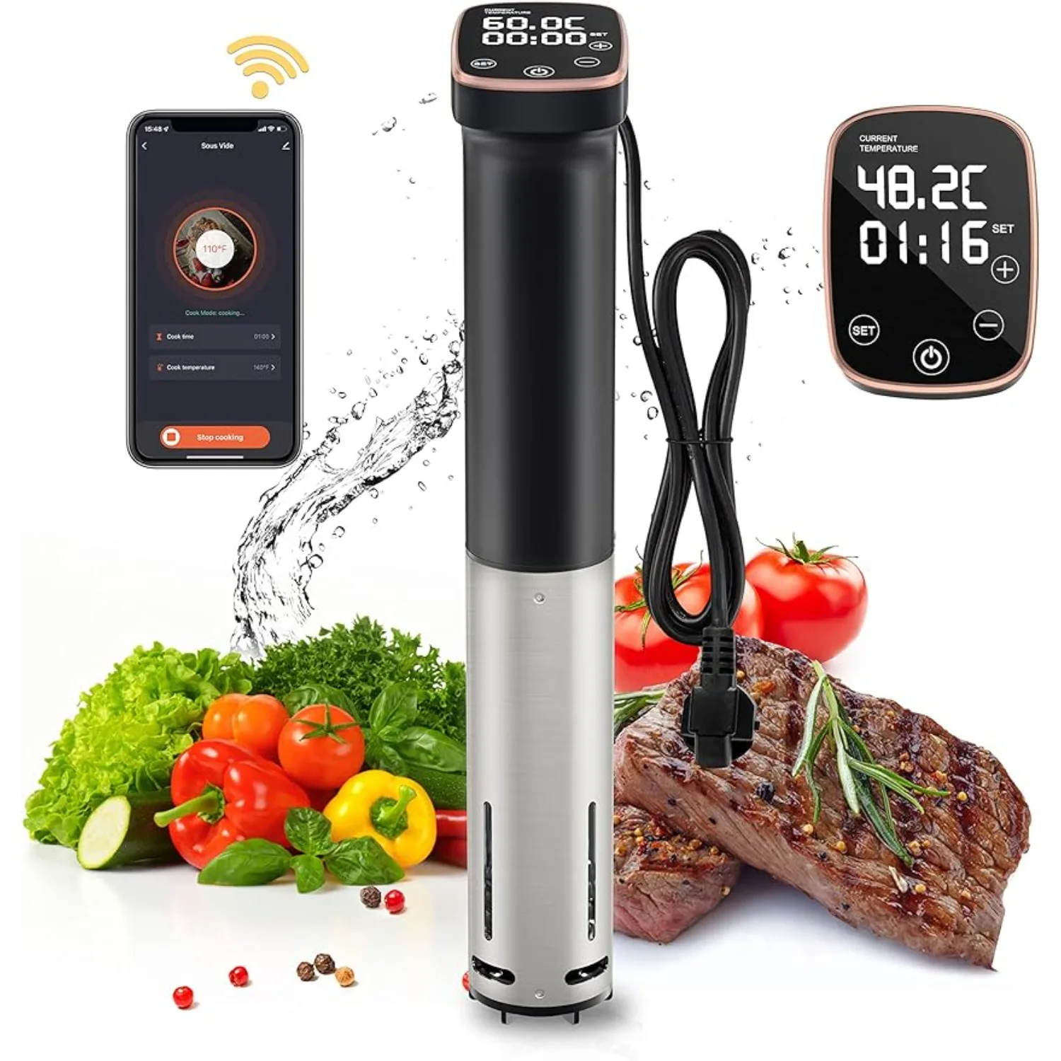 

Wifi Sous Vide Machine Cooker,IPX7 Waterproof, 1100W Fast-Heating Immersion Circulator with Recipes on APP