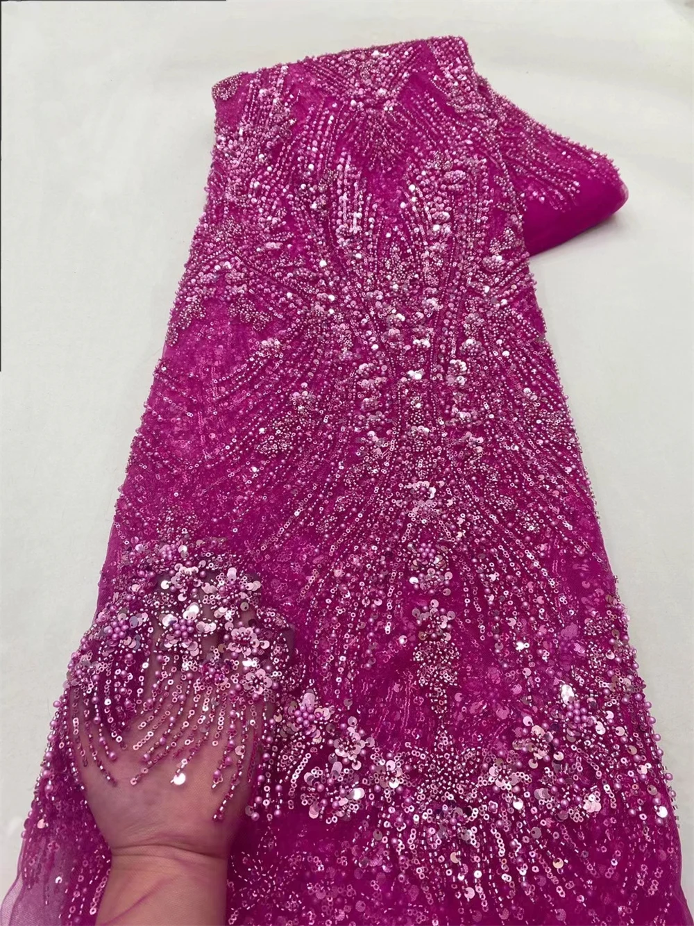 Plum New Handmade Beaded Fabric for Luxury Evening Dresses 2024 Beaded Lace Sequins Tulle Lace Mesh Embroidered Material Cloth