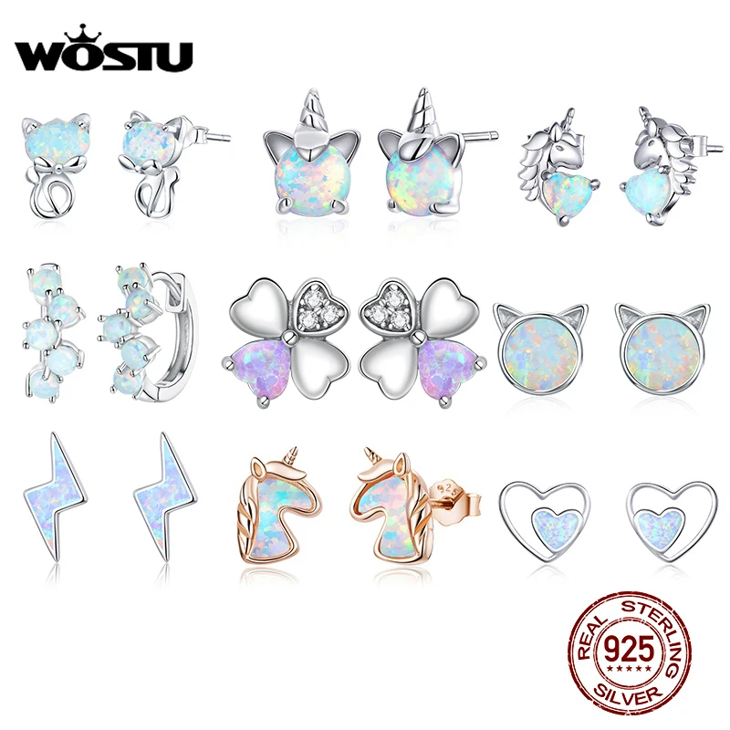 WOSTU boucles d\'oreilles opale en argent Sterling 925, chat, licorne, cœur, opale bleue pour femmes, bijoux originaux en argent 925