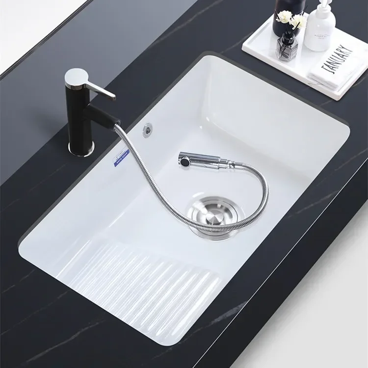 Ceramic Drop-in Sink Laundry Tub Embedded Small Balcony with Washboard Sink Deepening Laundry Basin Single Basin