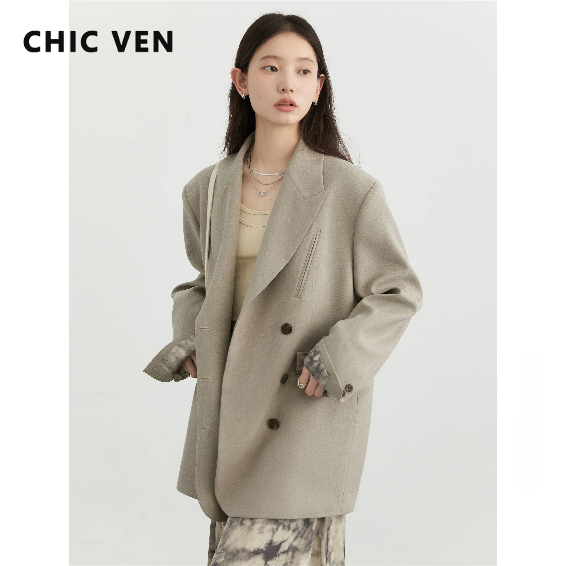 CHIC VEN Women Blazer Solid Loose New Korean Wide Shoulder Female Jacket Double Breasted Woman Coat Spring Autumn 2024