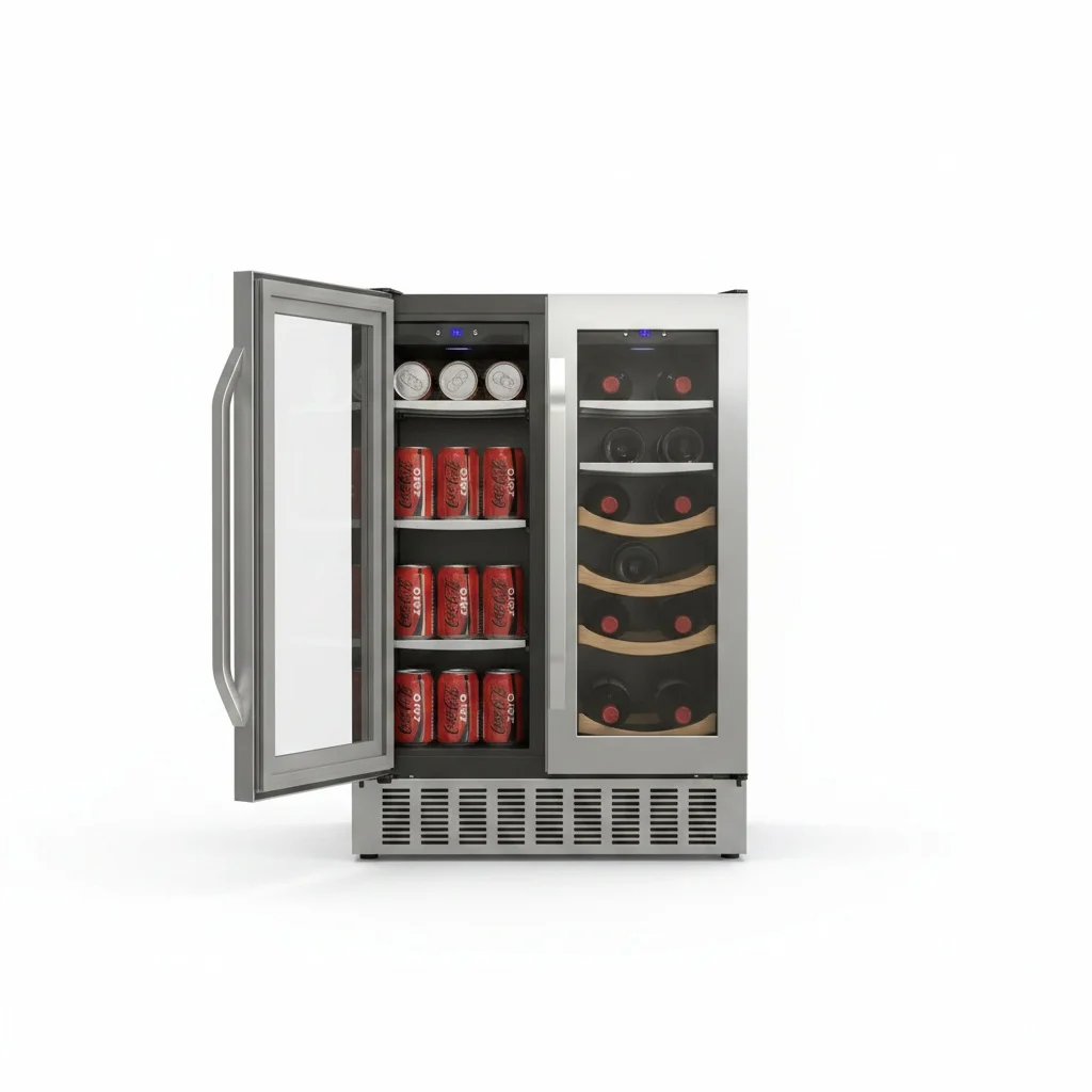 

Dual Zone Wine Cooler, 24 Inch Stainless Steel Beverage Refrigerator, 21 Bottle 61 Can Compressor Wine Fridge, Home
