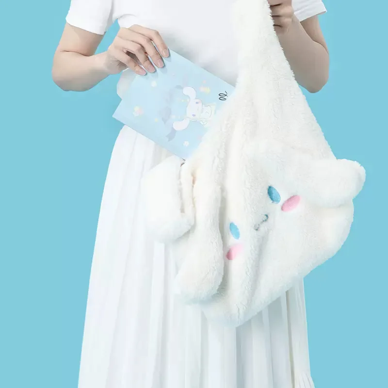 MINISO Cartoon Sanrio Series Cute Cinnamoroll Imitation Lamb Wool Portable Shopping Bag Pompom Purin Portable Large Capacity Bag