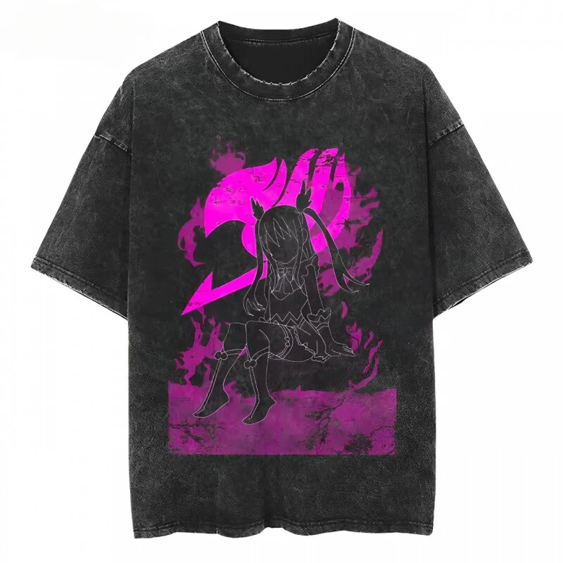 2026 Fairy Tail Anime Printed Short-sleeved T-shirts for Men and Women Loose Retro Old Cotton Shirts for Couples
