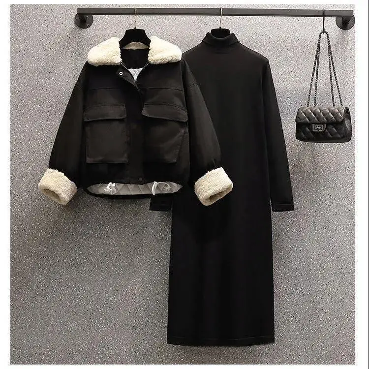 2022 Winter New Lamb Lapel Plush Thickened Jacket Knitted Sweater Dress Two Piece Elegant Women Party Dress Set Fashion Clothing