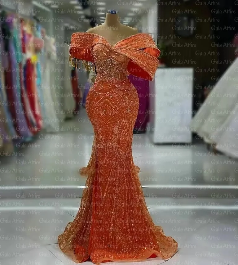 

Orange Off Shoulder Party Dress For Black Girls Arabic Customized Plus Size Wedding Guest Gowns Newest Beaded Gowns Customized