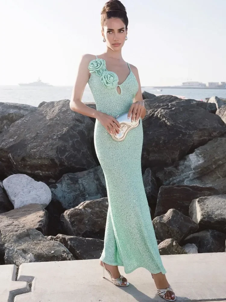 Kobiety Lato Celebrity Sexy V Neck Backless Mint Green Mesh Sequins Gowns Dress 2024 Elegancka wieczorowa sukienka klubowa Vestido