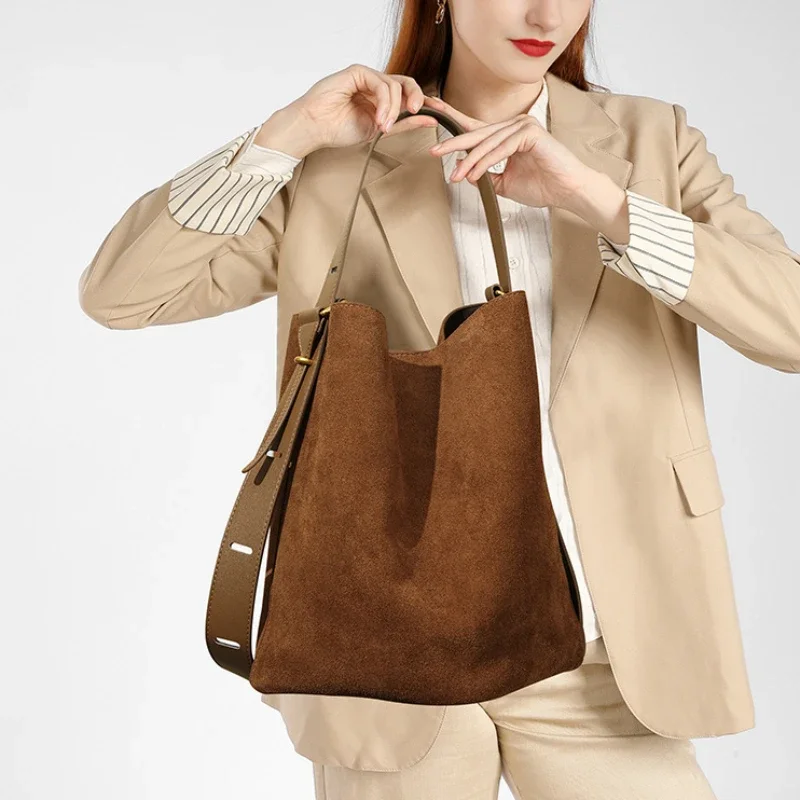 [Premium] Autumn Winter Colletion Grey Brown Roomy Big Boston Tote Soft Matte Suede Cow Leather Women's Handbag Shoulder Bag