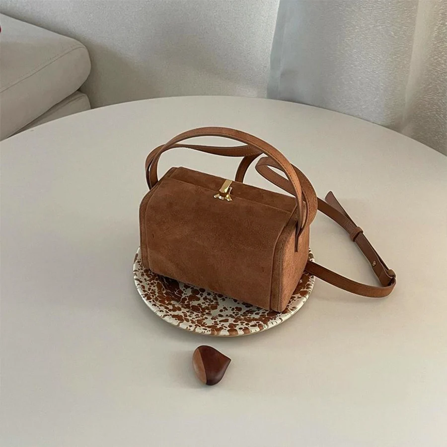 Retro Suede Box Crossbody Bags For Luxury Handbags Women Bags Designer Casual Small Square Shoulder Messenger Bag Bolsa Brown