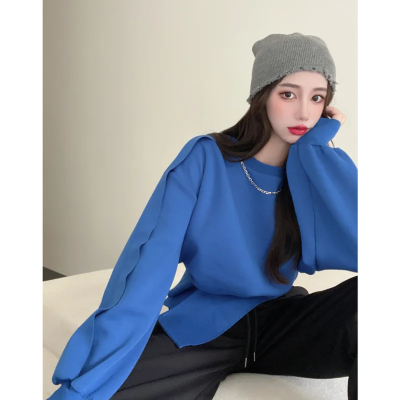 Blue Long Sleeves Chic Design Women Autumn Letter Printing Shirt Korean Fashion Baggy Simplicity Casual 2023 Female White TOP