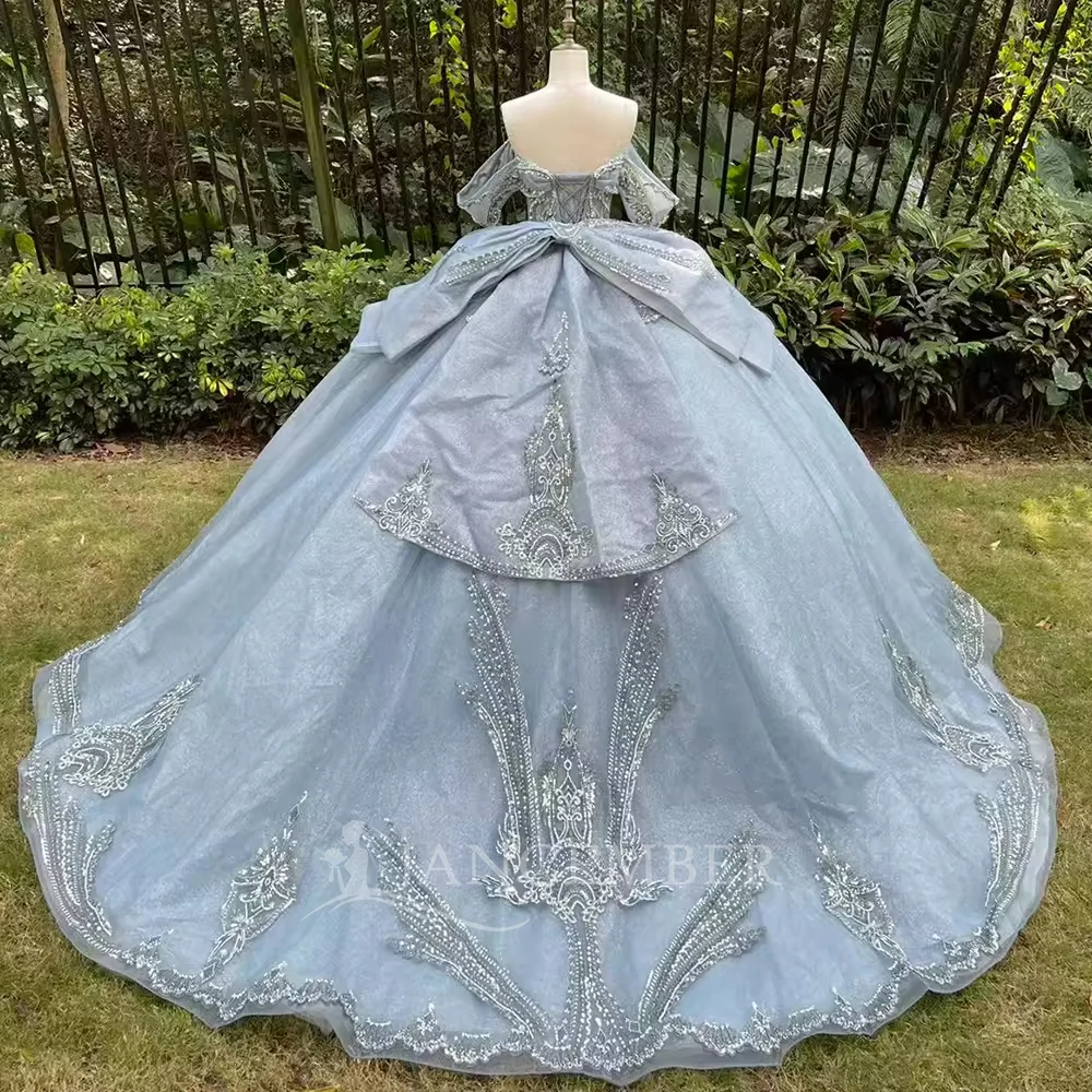 Puffy Quinceanera Dress Ball Gowns Sequined Princess Prom Dresses Birthday Party Gown vestidos de fiesta Customized Big Bow