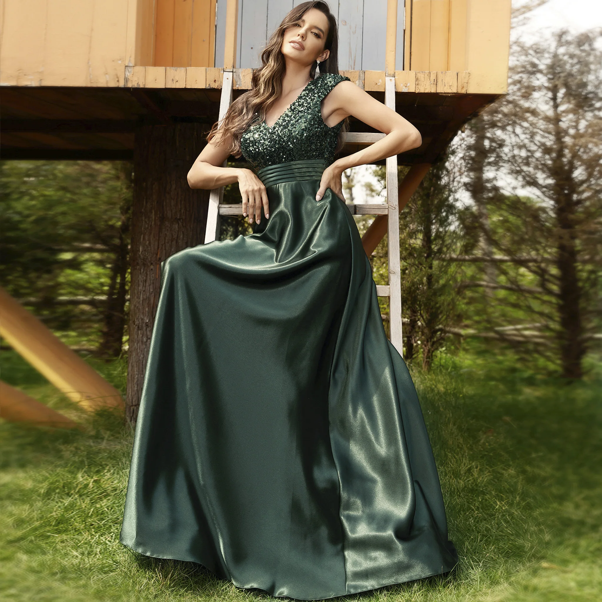 

Rosymae Women's Sequin Satin Prom Dress Elegant Evening Gown with Cap Sleeve for Special Occasions