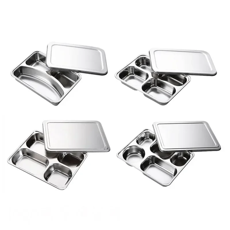 304 Stainless Steel Dinner Plate With Lid 5/4/3 Grid Student Canteen Divided Plate Children's Fast Food Tray Adult Lunch Box