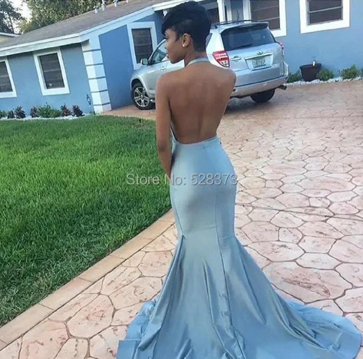 YNQNFS IED32 Beaded Light Blue Mermaid Tight Evening Prom Wedding Party Dress Backless See Through Sexy