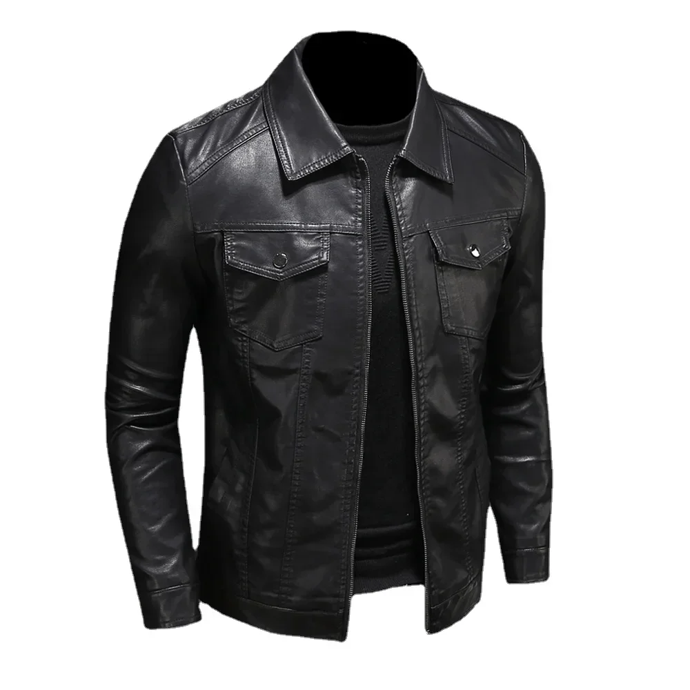 Men\'s Motorcycle Leather Jacket Large Size Pocket Black Zipper Lapel Slim Fit Male Spring Autumn High Quality PU Coat
