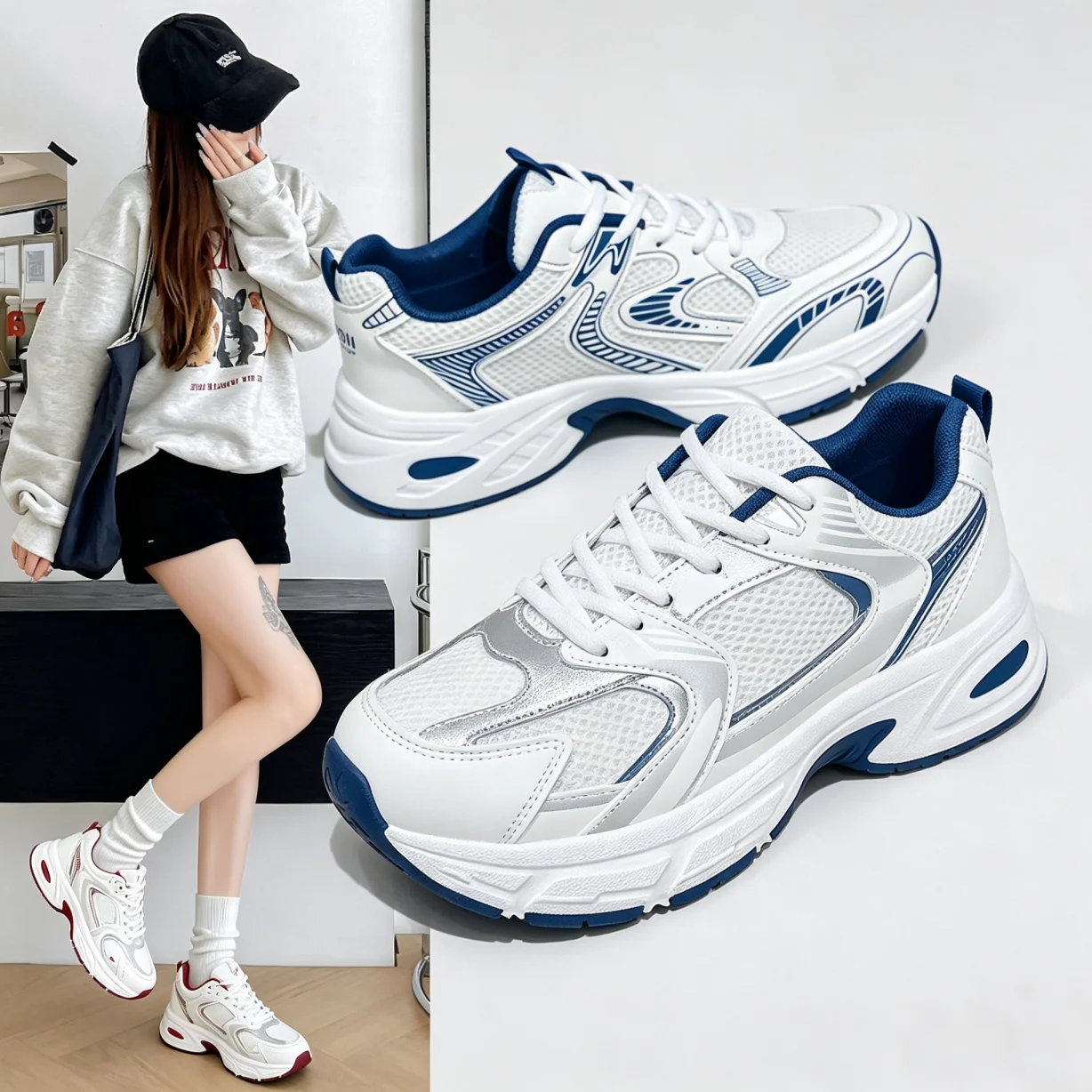 Women's White Retro Dad Shoes Breathable Mesh Platform Sneakers, Chunky Casual Non-slip Walking Shoes, Lightweight Lace-up Sports Trainers for Everyday Outdoor Streetwear