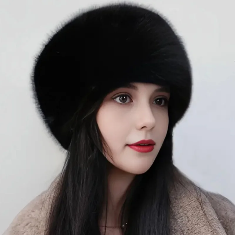 2024 New Fashion Women Winter Flat Top Bucket Hat Faux Fur Plush Eco-friendly Faux Fur Fox Fur Russian Hat Warm Skullies Beanies