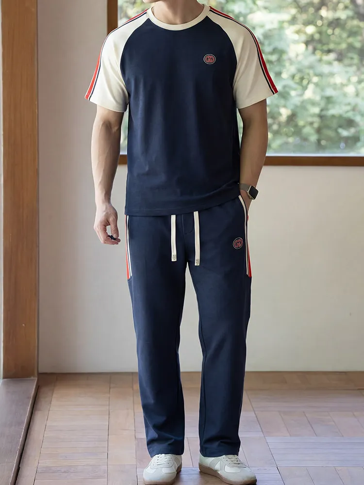 Conjunto Esportivo Masculino de Luxo Casual Bordado em Seda Gelada Modal de Duas Peças para o Verão: Camiseta Fina e Calça – ...