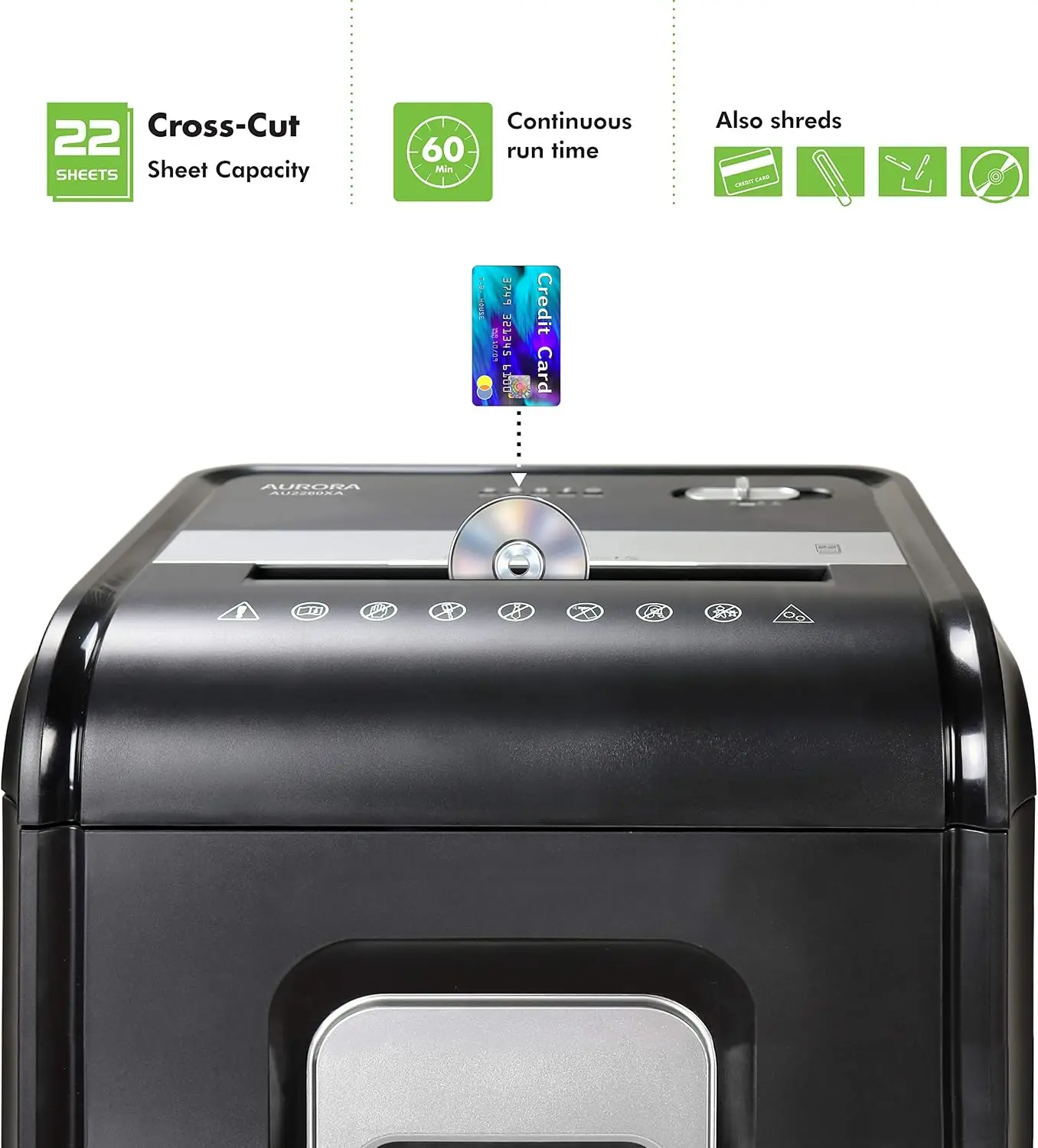 22-Sheet Cross-Cut Paper Shredder, Heavy-Duty and Jam-Resistant, Runs Continuously for 60 Minutes, Includes 7-Gallon Pull-Out Bin and Caster Wheels