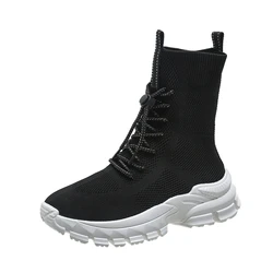 5CM Heels Women Ankle Boots Knitting Short Sock Boots New 2023 Winter Chunky Sneakers Thick Bottom Non-slip Soft Motorcycle Boot