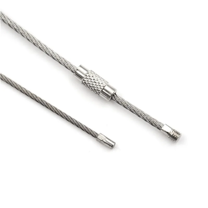 Sznurek do breloczka ze stali nierdzewnej o średnicy 1,5-2 mm, linka, pętla, zamek śrubowy, kółko do kluczy, kółko do zawieszania, narzędzie do zawieszania na kempingu.