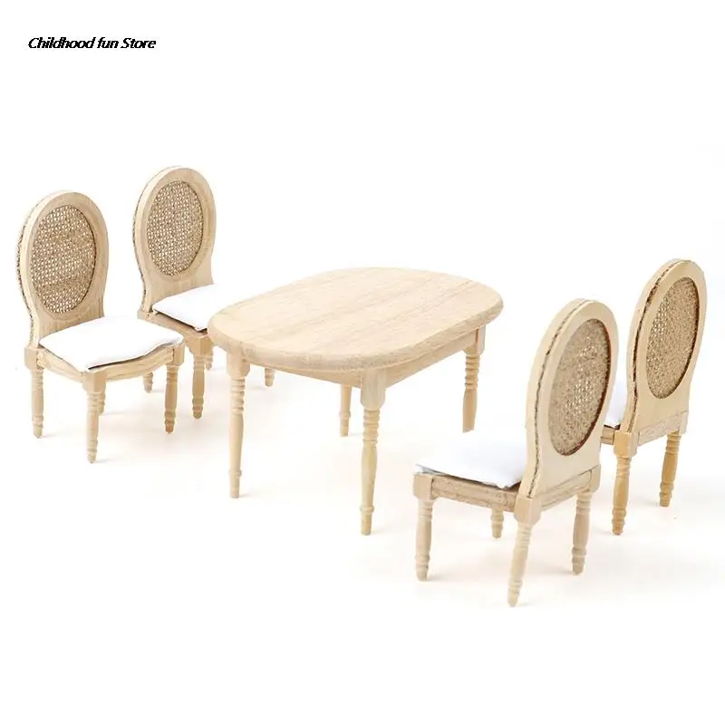 Juego de mesa de comedor de madera en miniatura para casa de muñecas, muebles de cocina, juguete, 1:12, 5 piezas por juego