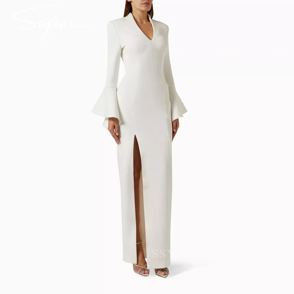 

SSYTENS Modern Prom Dresses Full Sleeves Mermaid High Side Slit Satin V Neck Wedding Party Dress Simple Evening Dress Customized