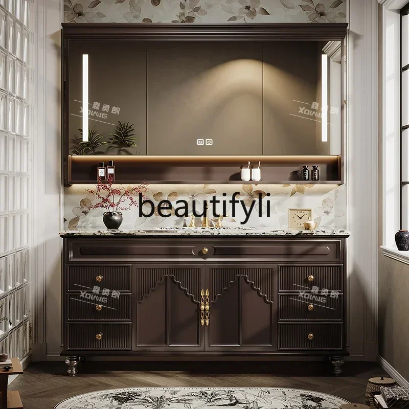 Hot sales New oak French retro bathroom cabinet combination bathroom solid wood washstand floor cabinet