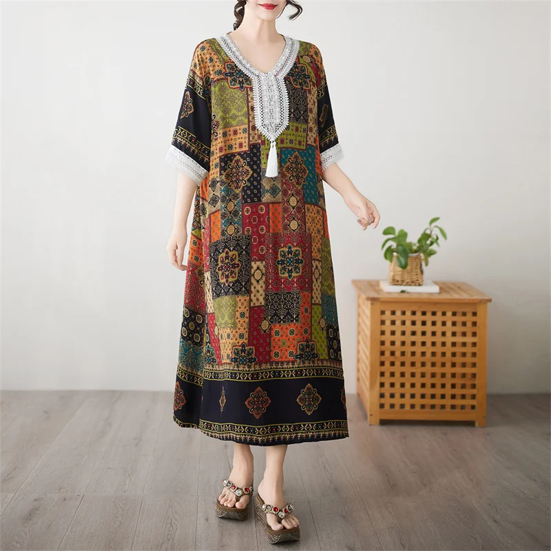 Boho Lace Cotton Linen Plaid Dress Women Robe Casual Vintage Ethnic Style Loose Beach Long Dress Maxi Summer Short Sleeve